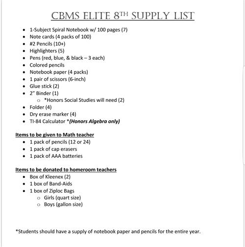 8th Supply List 